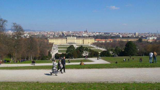 Schönnbrunnin linna mahtuu juuri ja juuri ylhäältä kukkulalta otettuun kuvaan.